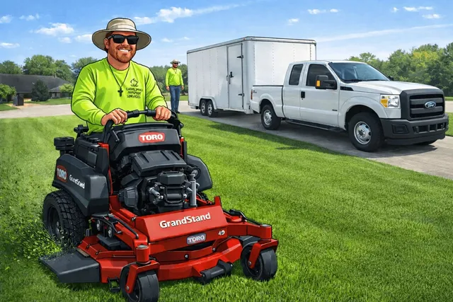 David Watson mowing a front lawn in North Fort Worth on a zero-turn mower
