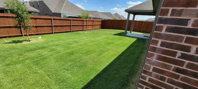 Thick green fenced backyard lawn in Saginaw TX after a fertilization program